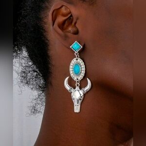 Western Faux Turquoise & Silver Bull Skull Earrings Boho/Navajo/Coastal Cowgirl